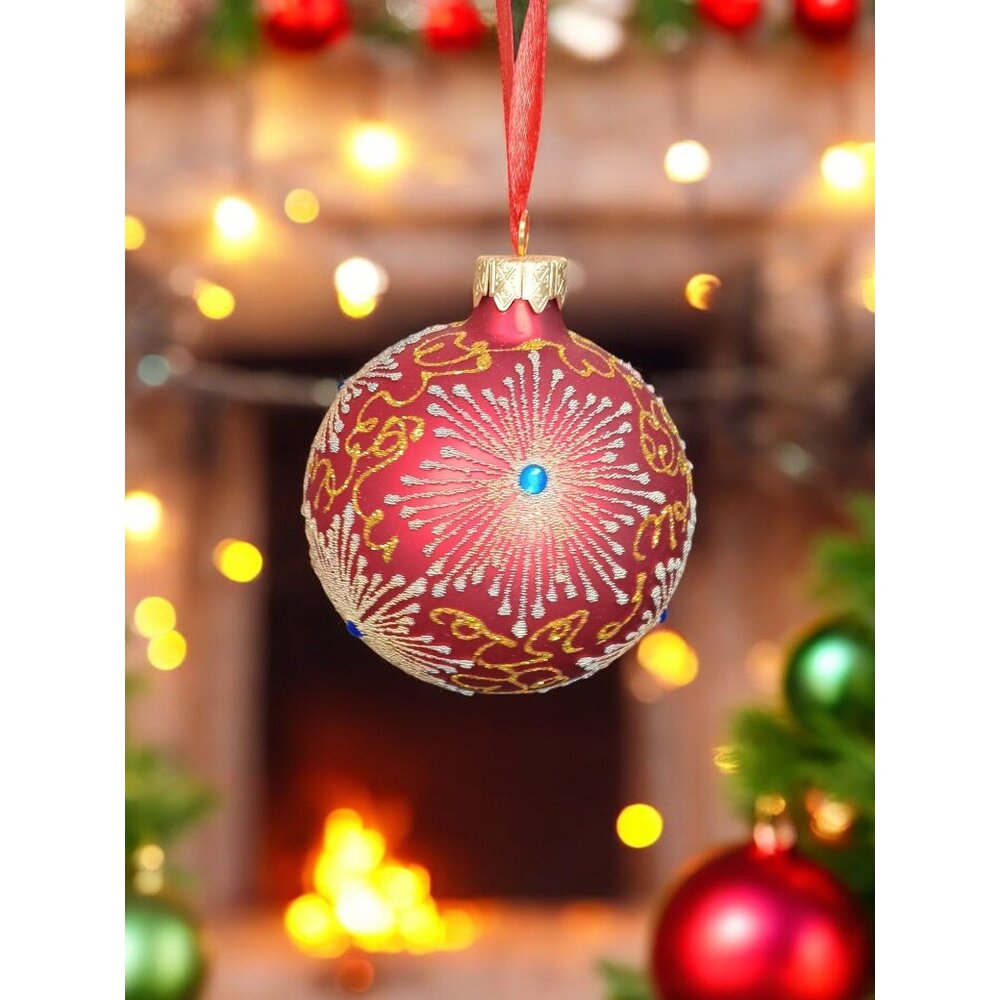 Vtg. Bestpysanky Christmas Ornament Snowflake on Red Blown Glass in Box Ukraine